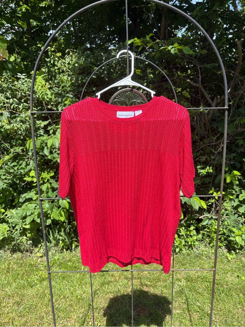 Alfred Dunner Bright Red Ribbed Crewneck Short-Sleeve Sweater Soft Large Acrylic